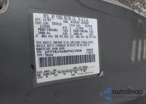 1998 Ford Ranger Splash/Xl/Xlt from USA, damaged, VIN 1FTYR14U6WTA17808